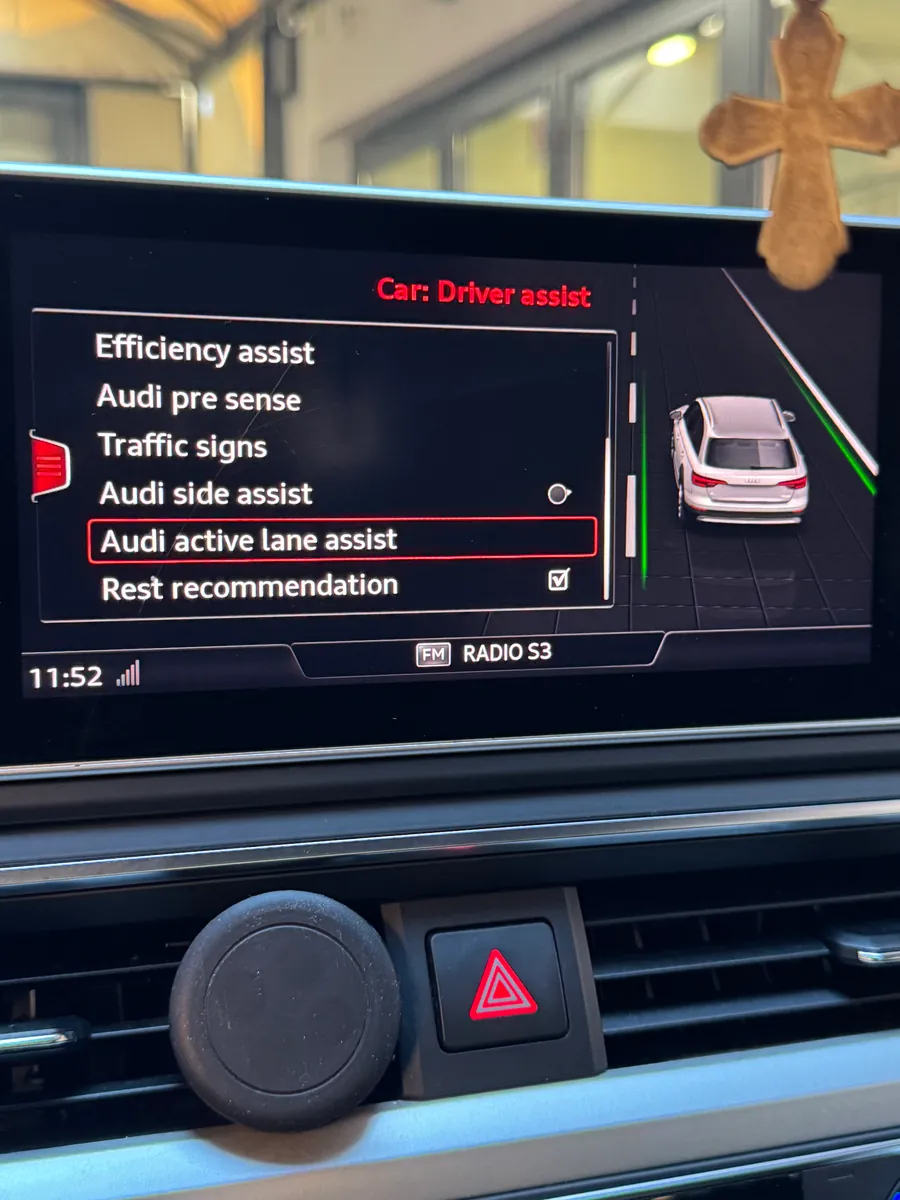 A vehicle menu with active lane assist switched on