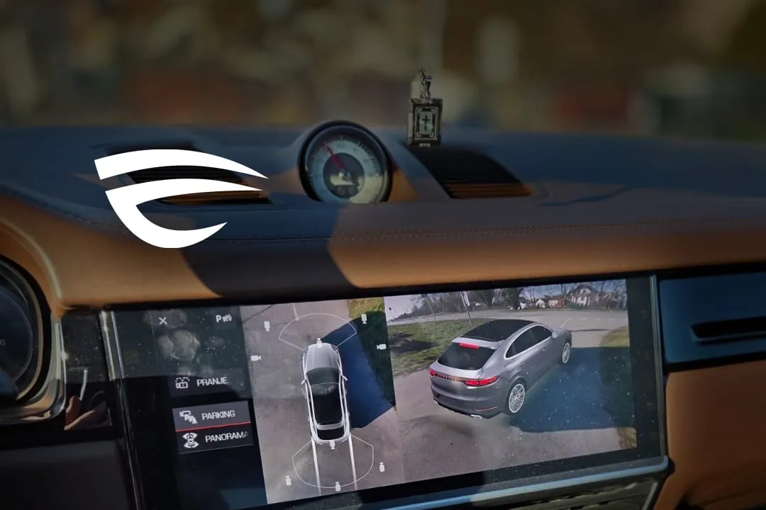 Prikaz 3D pogleda 360 stepeni parking kamera na ekranu Porsche vozila
